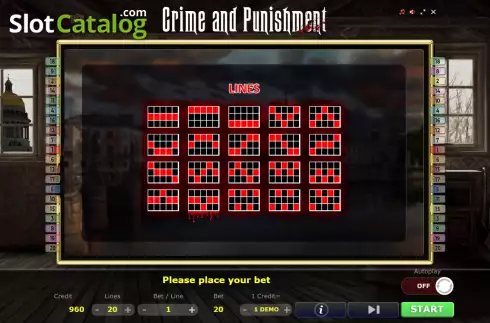 Paylines screen. Crime and Punishment slot