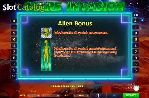 Game Features screen. Mars Invasion slot