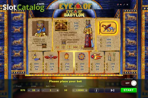 Paytable screen. Eye of Babylon slot