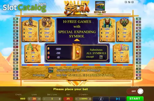 Pay Table screen. Valley of Ra slot