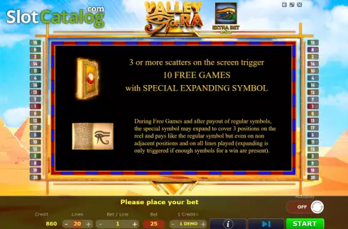 Game Features screen. Valley of Ra slot