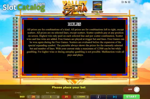 Game Rules screen. Valley of Ra slot