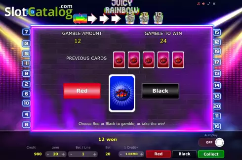 Risk Game screen. Juicy Rainbow slot