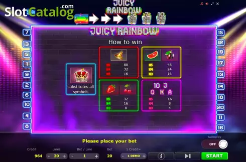 Paytable screen. Juicy Rainbow slot