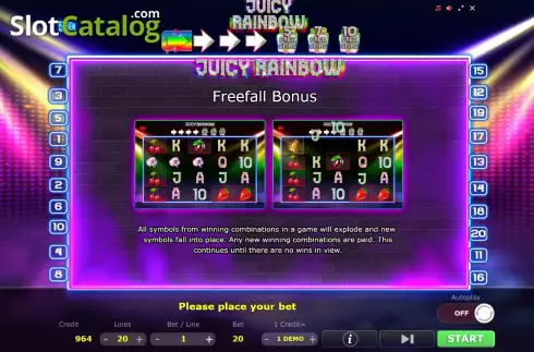 Freefall Bonus screen. Juicy Rainbow slot