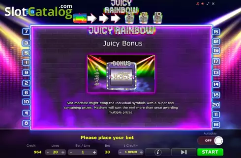 Juicy Bonus screen. Juicy Rainbow slot