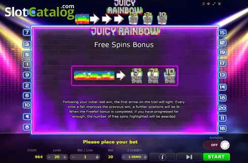 Free Spins Bonus screen. Juicy Rainbow slot