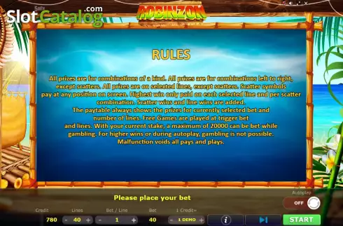 Game Rules screen. Robinzon slot