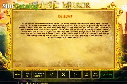 Game Rules screen. Mystic Mirror slot