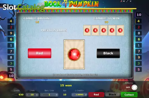 Risk Game screen. Book of Pumpkin (Five Men Games) slot