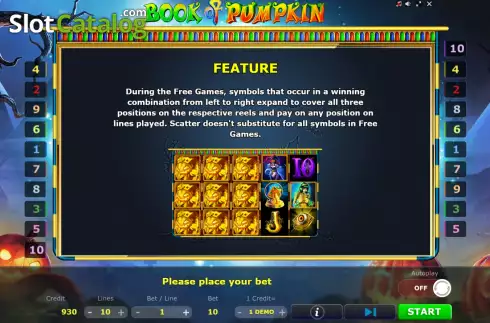 Game Features screen. Book of Pumpkin (Five Men Games) slot