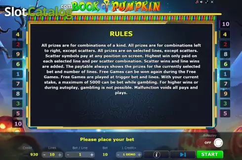 Game Rules screen. Book of Pumpkin (Five Men Games) slot