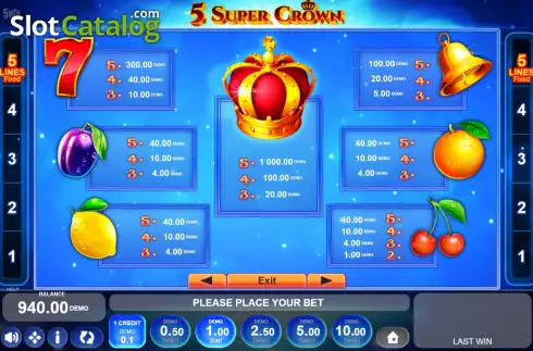 PayTable screen. 5 Super Crown slot