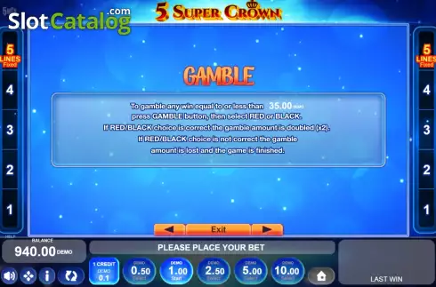 Game Feature screen. 5 Super Crown slot