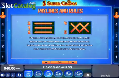 PayLines screen. 5 Super Crown slot