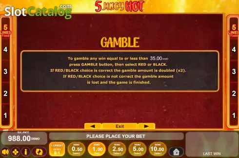 Game Features screen. 5 Juicy Hot slot