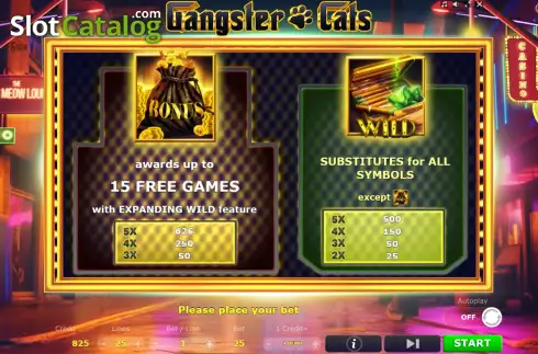 Game Features screen. Gangster Cats slot
