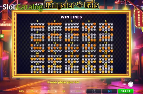 PayLines screen. Gangster Cats slot