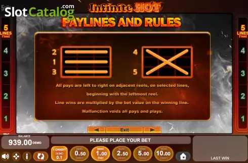 PayLines screen. Infinite Hot slot