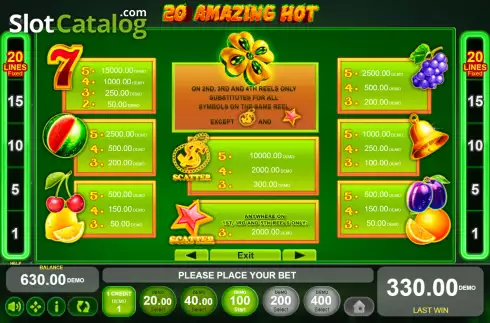 Paytable screen. 20 Amazing Hot slot