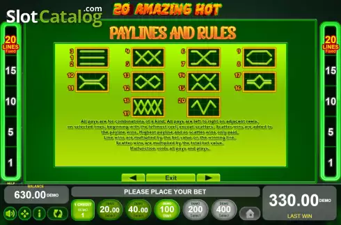 Paylines screen. 20 Amazing Hot slot