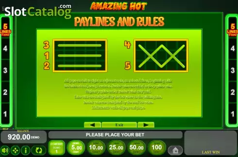 PayLines screen. Amazing Hot slot