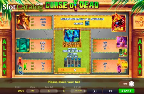 PayTable screen. Curse of Dead slot