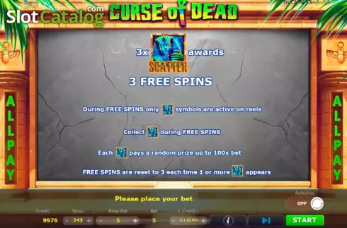 Game Features screen. Curse of Dead slot