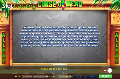 Game Rules screen. Curse of Dead slot