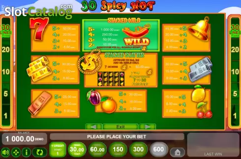 PayTable screen. 30 Spicy Hot slot