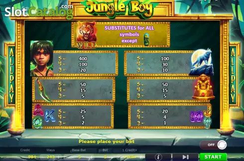 Paytable screen. Jungle Boy (Five Men Games) slot