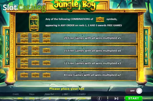 Free Games screen. Jungle Boy (Five Men Games) slot