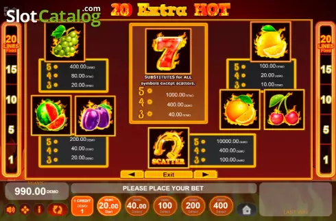 Paytable screen. 20 Extra Hot slot