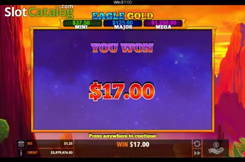 Win Free Spins screen. Eagle Gold (Flipluck) slot