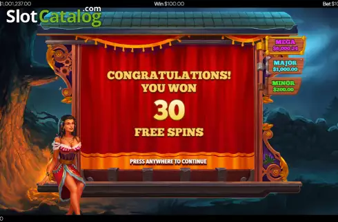 Win Free Game screen. Fortune Caravan slot