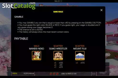 Game Feature / Pay Table screen. Hello Tokyo slot