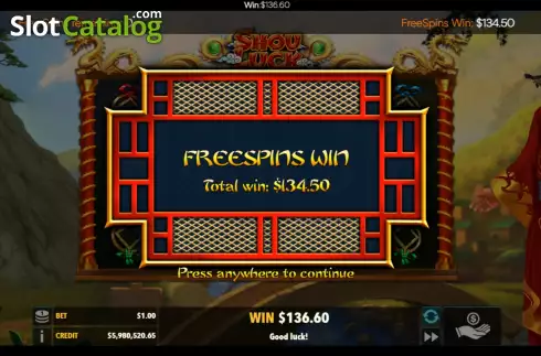 Total Win Free Spins screen. Shou Luck slot