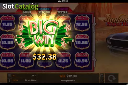 Big Win Bonus Game screen. Junkyard Super Wheels slot