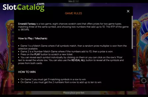 Game Rules screen. Emerald Fantasy Scratch Card slot