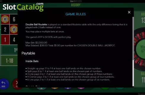 Game Rules Screen. Double Ball American Roulette slot