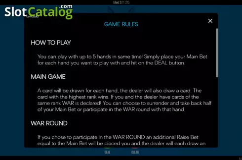 Game Rules Screen. Multihand Casino War slot