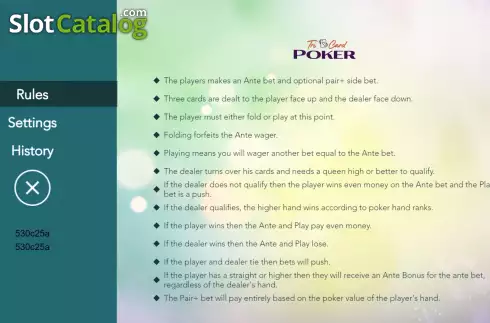 Game Rules Screen. Three Card Poker (Flipluck) slot