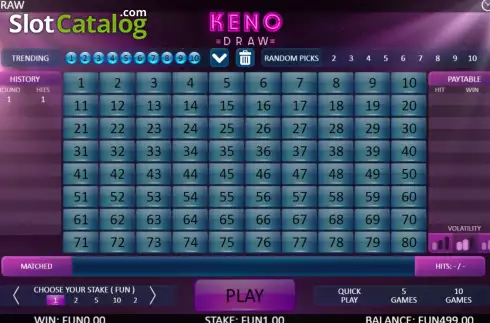 Game screen. Keno Draw (Flipluck) slot