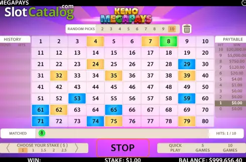Bildschirm3. Keno Megapays slot
