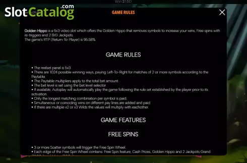 Game Rules screen. Golden Hippo slot