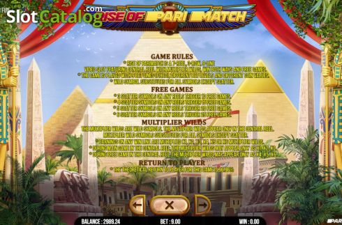 Game Rules screen. Rise of Parimatch slot