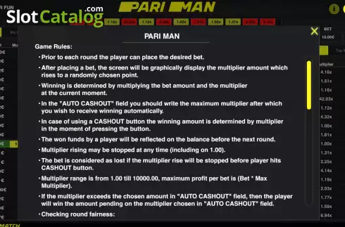 Game Rules screen. Pari Man slot