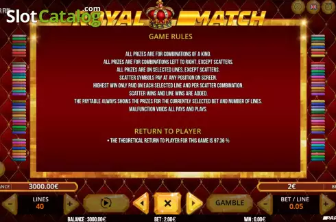 Game Rules screen. Royal Match slot