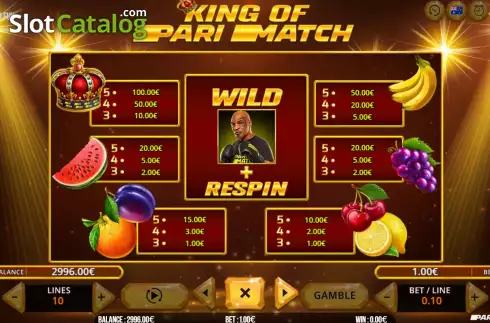 Pay Table screen. King of Parimatch slot