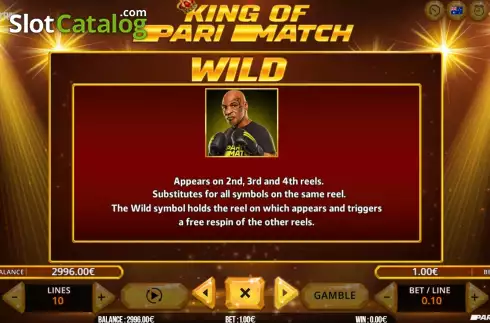 Game Feature screen. King of Parimatch slot